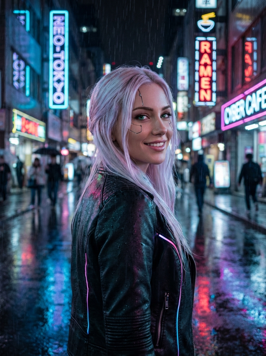 Улица: неон, дождь и городские отражения — любимый киберпанк.